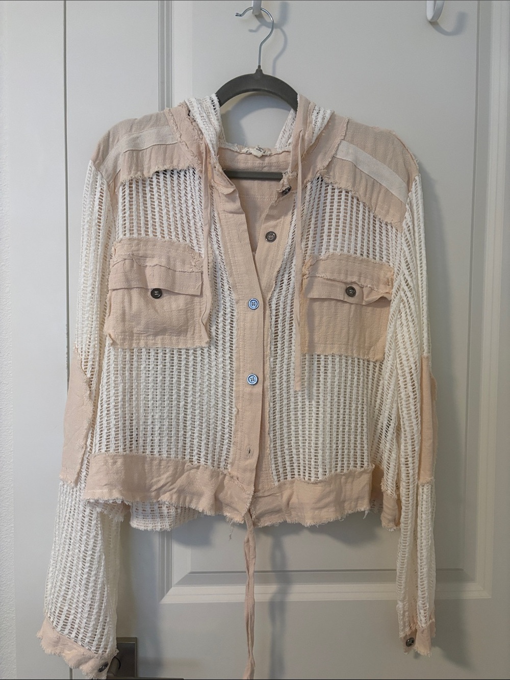 290 | Crochet Cream Beige Button Front Hood Top POL